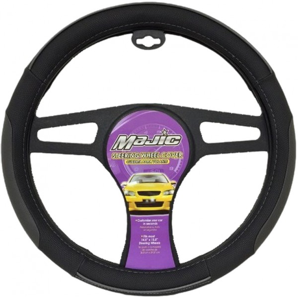 MAJ-240: FUTURO STEERING WHEEL COVER - BLACK/GRAY - MEDIUM - MAJIC PRODUCTS INC