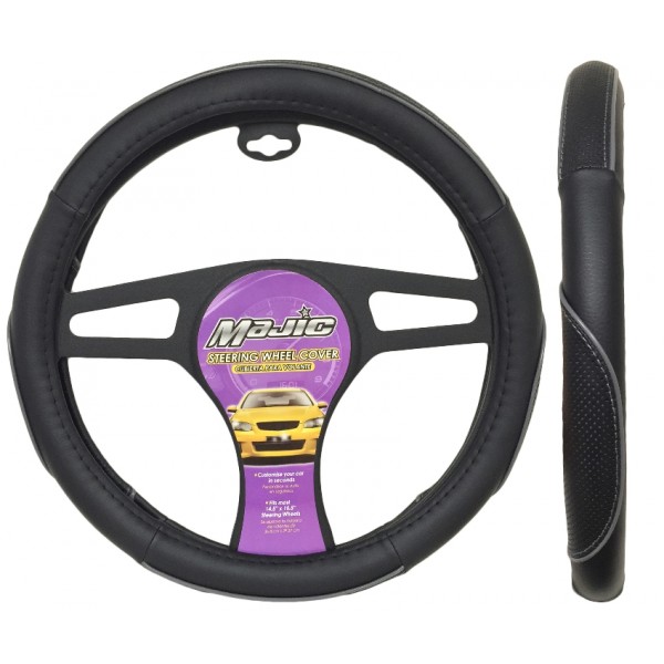 MAJ-317: SPORTS TRIM STEERING WHEEL COVER - BLACK/GRAY - MEDIUM - MAJIC PRODUCTS INC