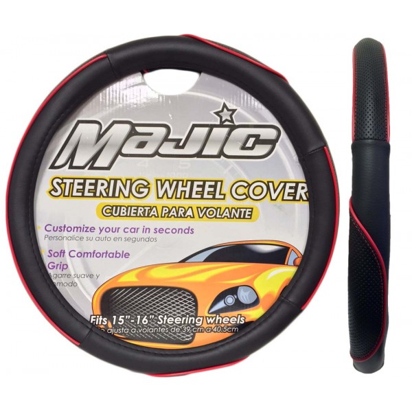 MAJ-332: SPORTS TRIM STEERING WHEEL COVER - BLACK/RED - LARGE - MAJIC PRODUCTS INC