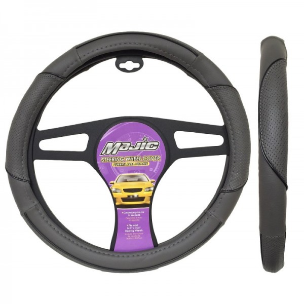 MAJ-333: SPORTS TRIM STEERING WHEEL COVER - GRAY/BLACK - LARGE - MAJIC PRODUCTS INC