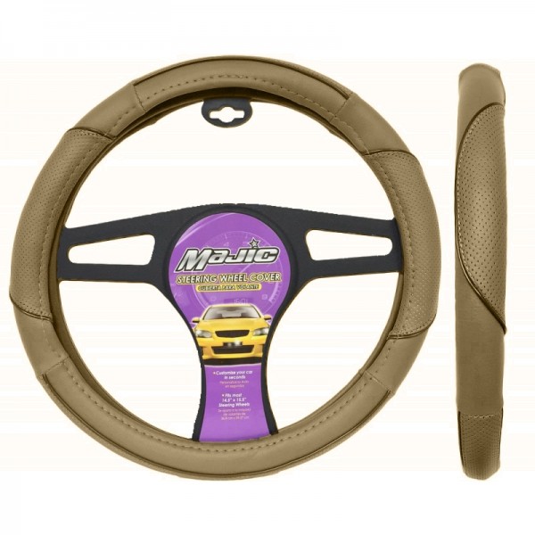 MAJ-334: SPORTS TRIM STEERING WHEEL COVER - BEIGE/BLACK - LARGE  - MAJIC PRODUCTS INC