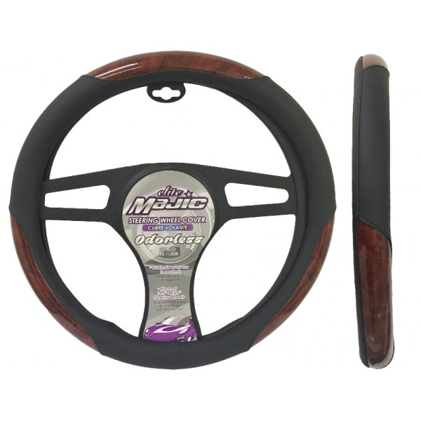 MAJ-363: ODORLESS WOOD GRAIN STEERING WHEEL COVER - BLACK/WOOD - MEDIUM - MAJIC PRODUCTS INC