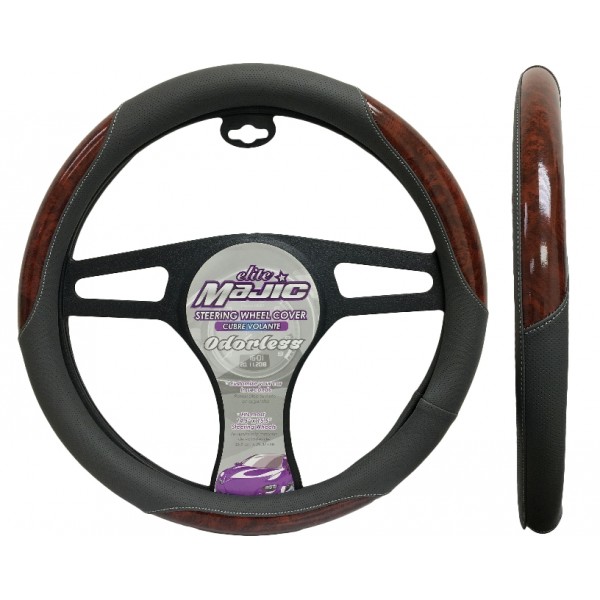 MAJ-365: ODORLESS WOOD GRAIN STEERING WHEEL COVER - GRAY/WOOD - MEDIUM - MAJIC PRODUCTS INC