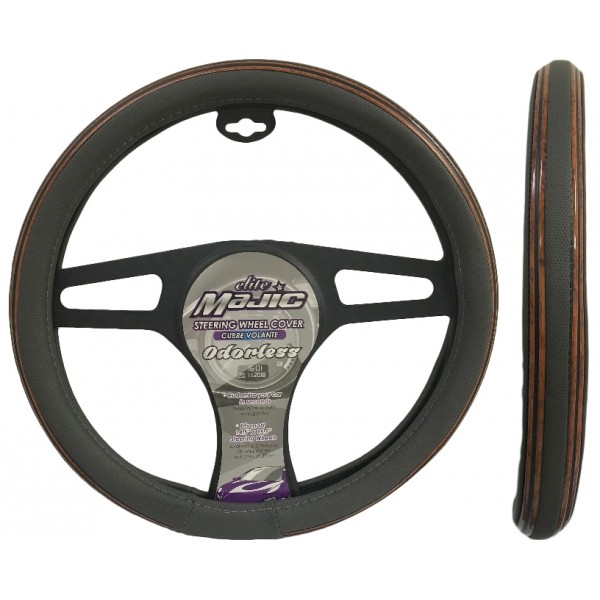 MAJ-368: DOUBLE WOOD ODORLESS STEERING WHEEL COVER - GRAY - MEDIUM - MAJIC PRODUCTS INC