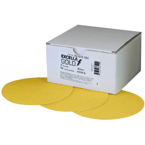 82-605-320: 320 GRIT EXCELLA GOLD 6” HOOK & LOOP ABRASIVES DISCS - 100 PACK - SUNGOLD ABRASIVES